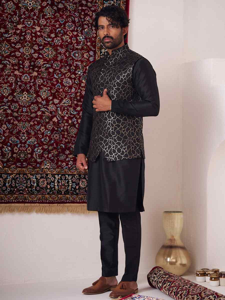 Black Silk Embroidered Party Wedding Kurta