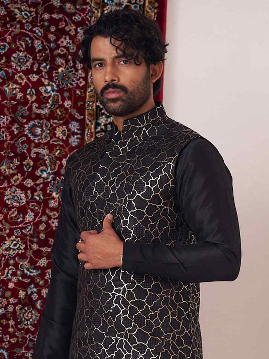 Black Silk Embroidered Party Wedding Kurta