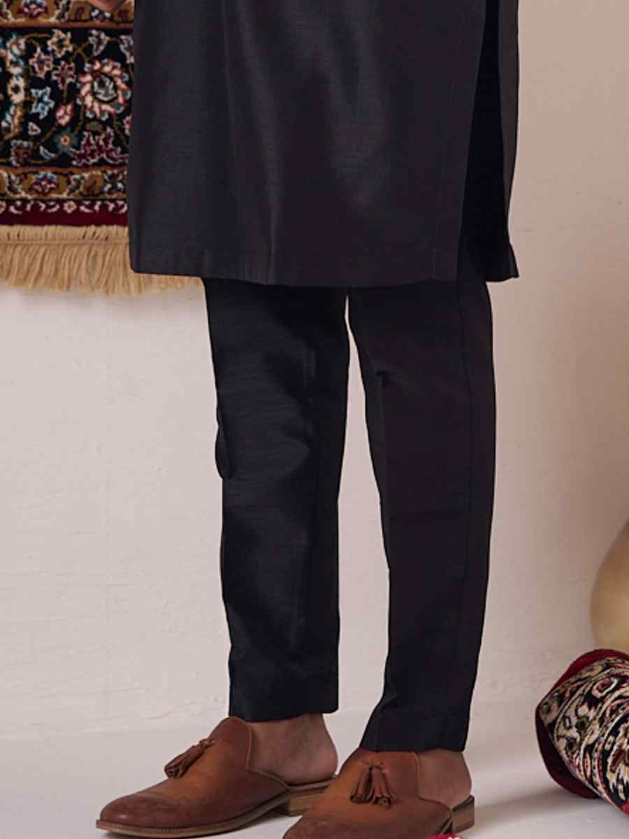 Black Silk Embroidered Party Wedding Kurta