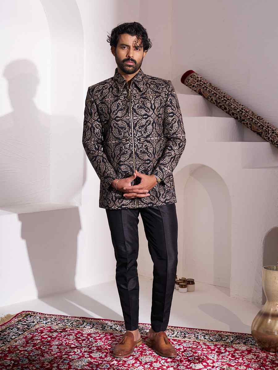 Black Silk Embroidered Party Wedding Kurta