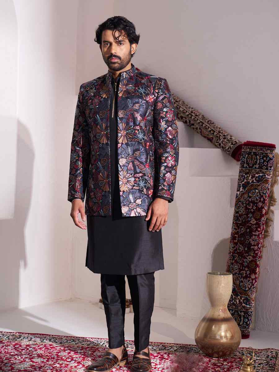 Black Silk Embroidered Party Wedding Kurta