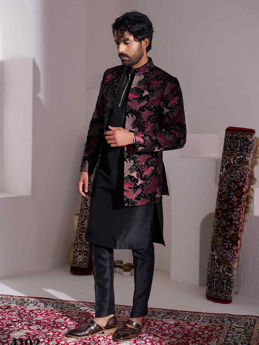 Black Silk Embroidered Party Wedding Kurta