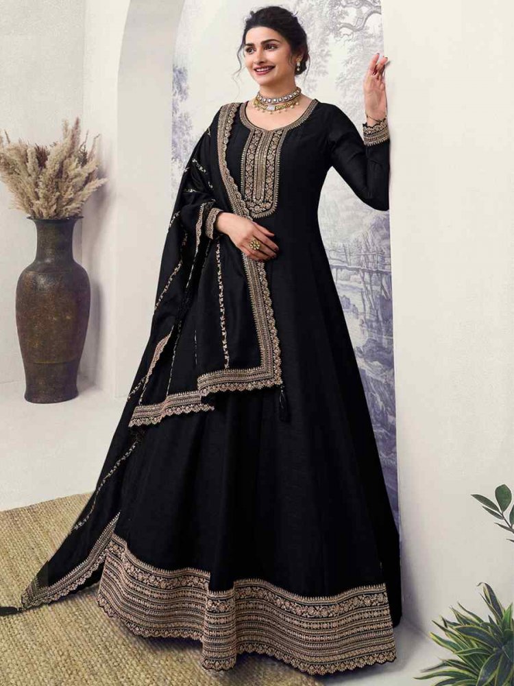 Black Silk Georgette Embroidered Festival Mehendi Gown