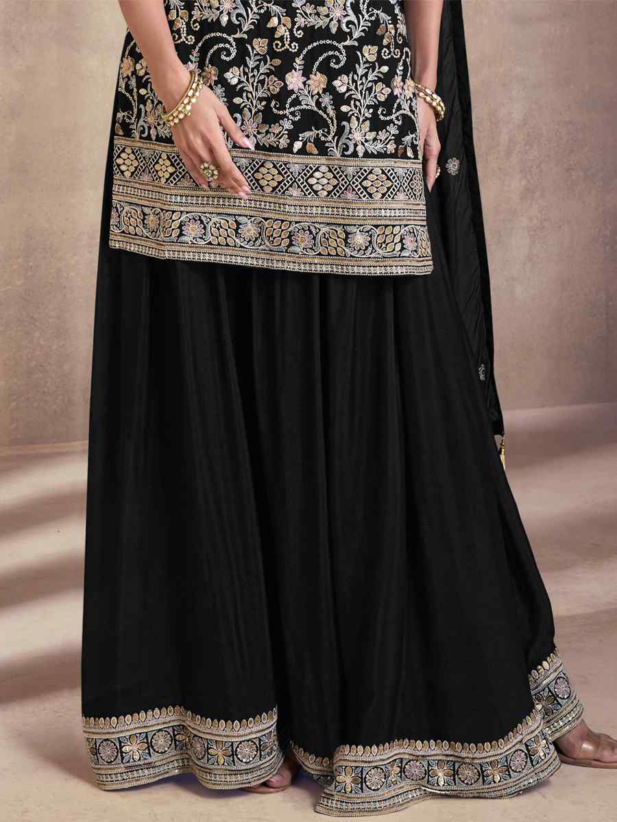 Black Silk Georgette Embroidered Festival Mehendi Sharara Pant Salwar Kameez