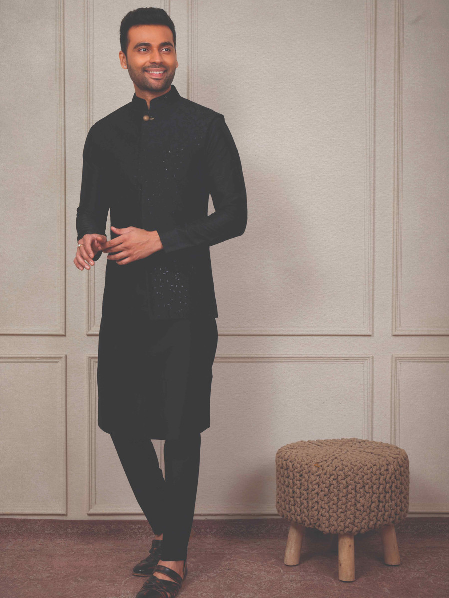 Black Silk Woven Groom Wedding Kurta