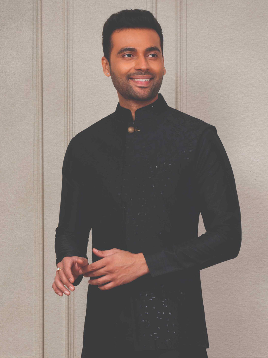 Black Silk Woven Groom Wedding Kurta