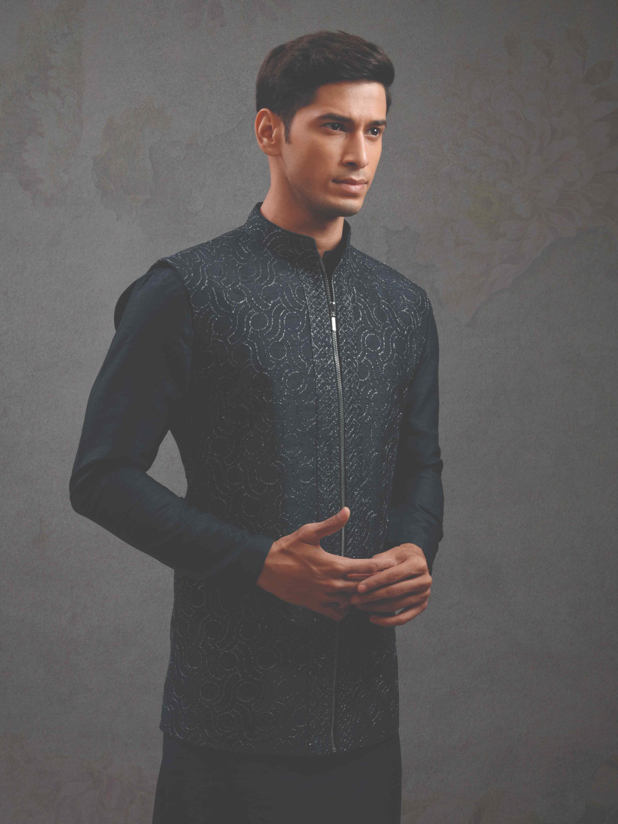 Black Silk Woven Groom Wedding Kurta