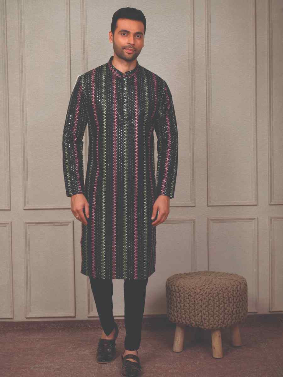 Black Silk Woven Party Wedding Kurta