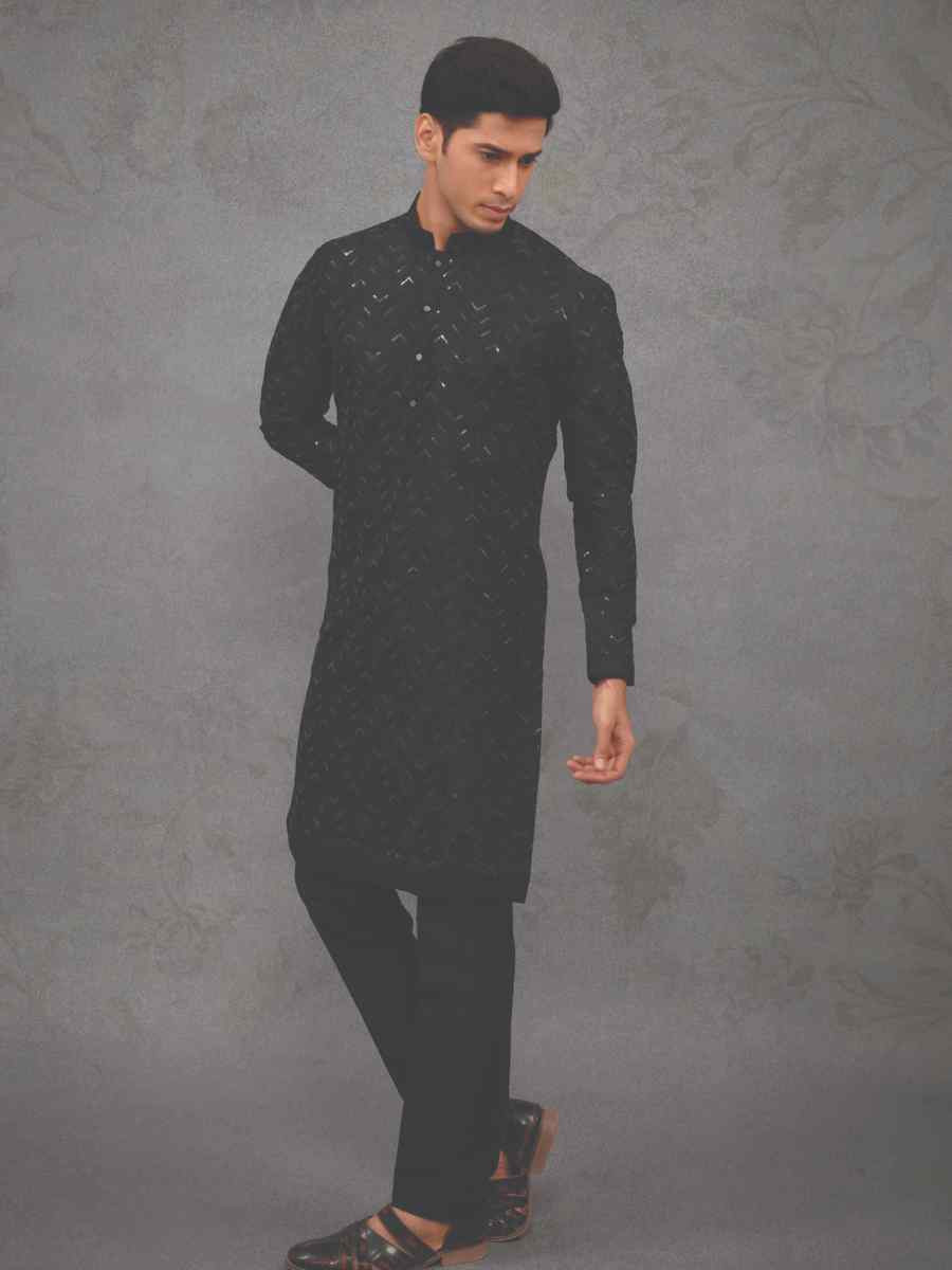 Black Silk Woven Party Wedding Kurta