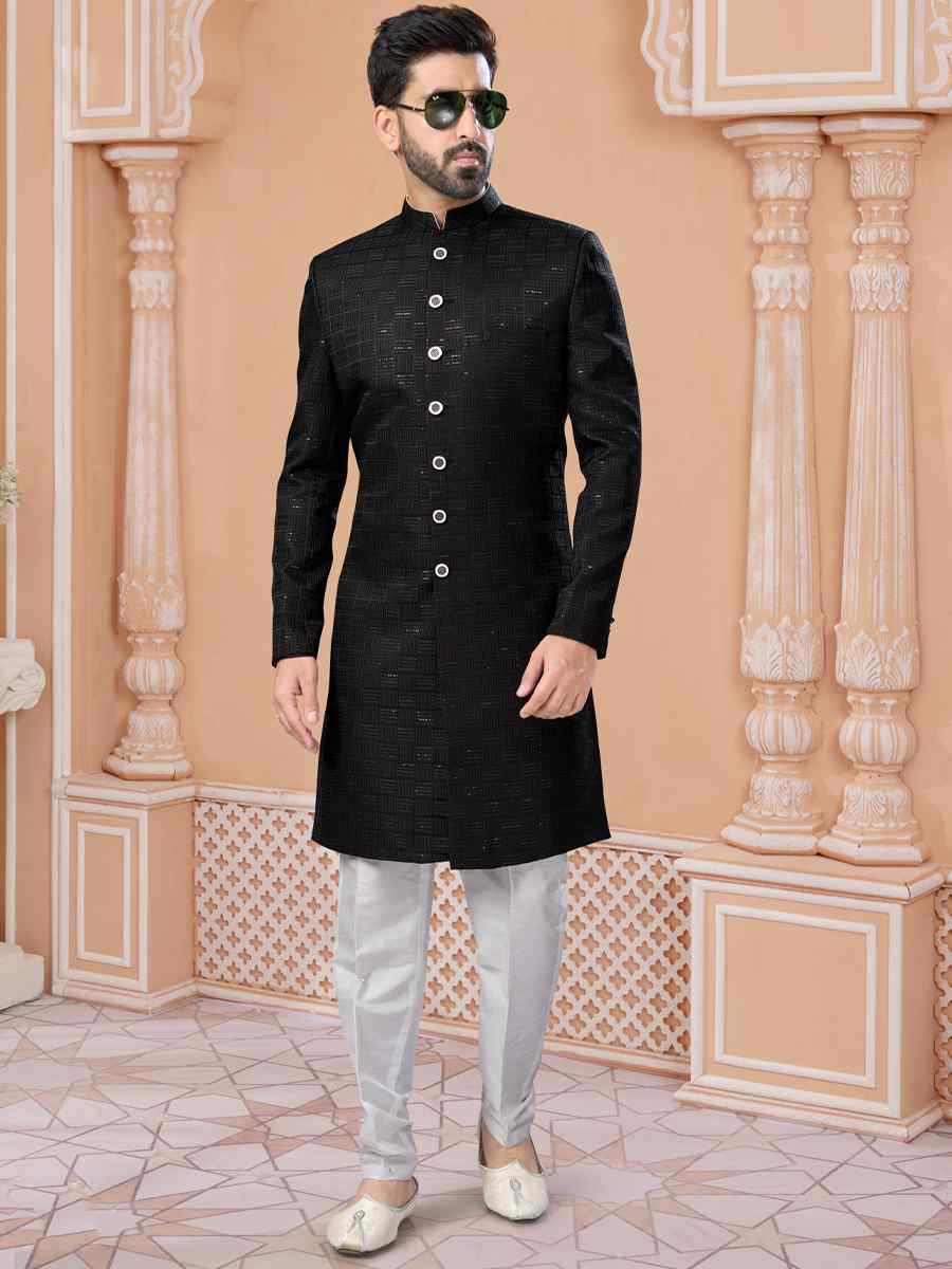 Black Singham Jacquard Embroidered Groom Wedding Sherwani