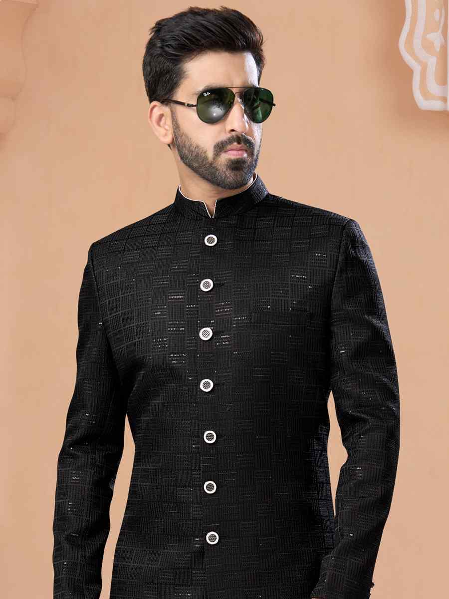 Black Singham Jacquard Embroidered Groom Wedding Sherwani