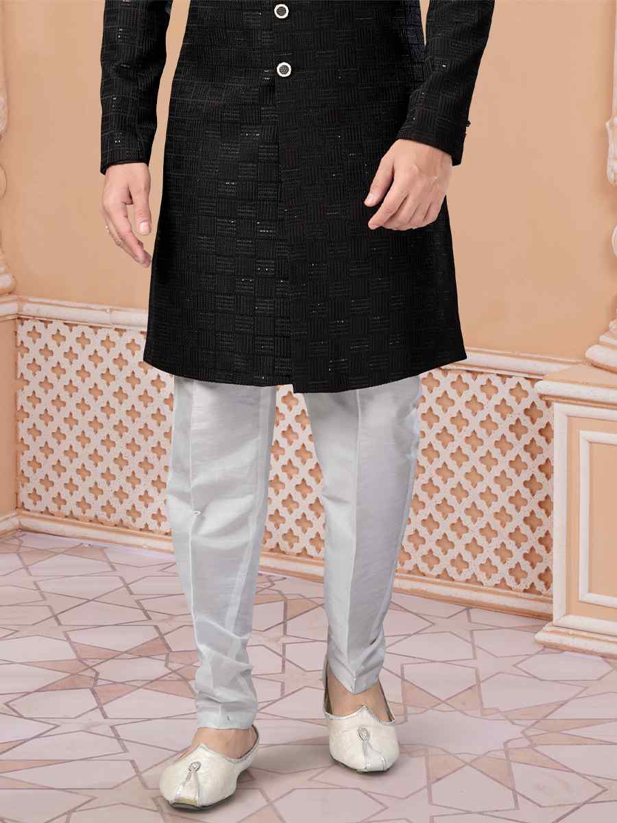 Black Singham Jacquard Embroidered Groom Wedding Sherwani