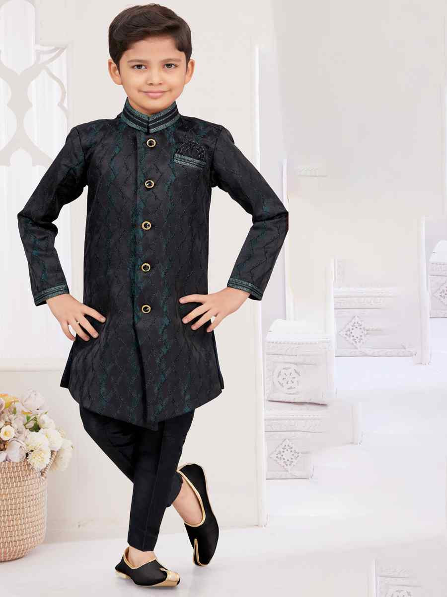 Black Siyara Jacquard Embroidered Festival Wedding Kurta Pyjama Boys Wear