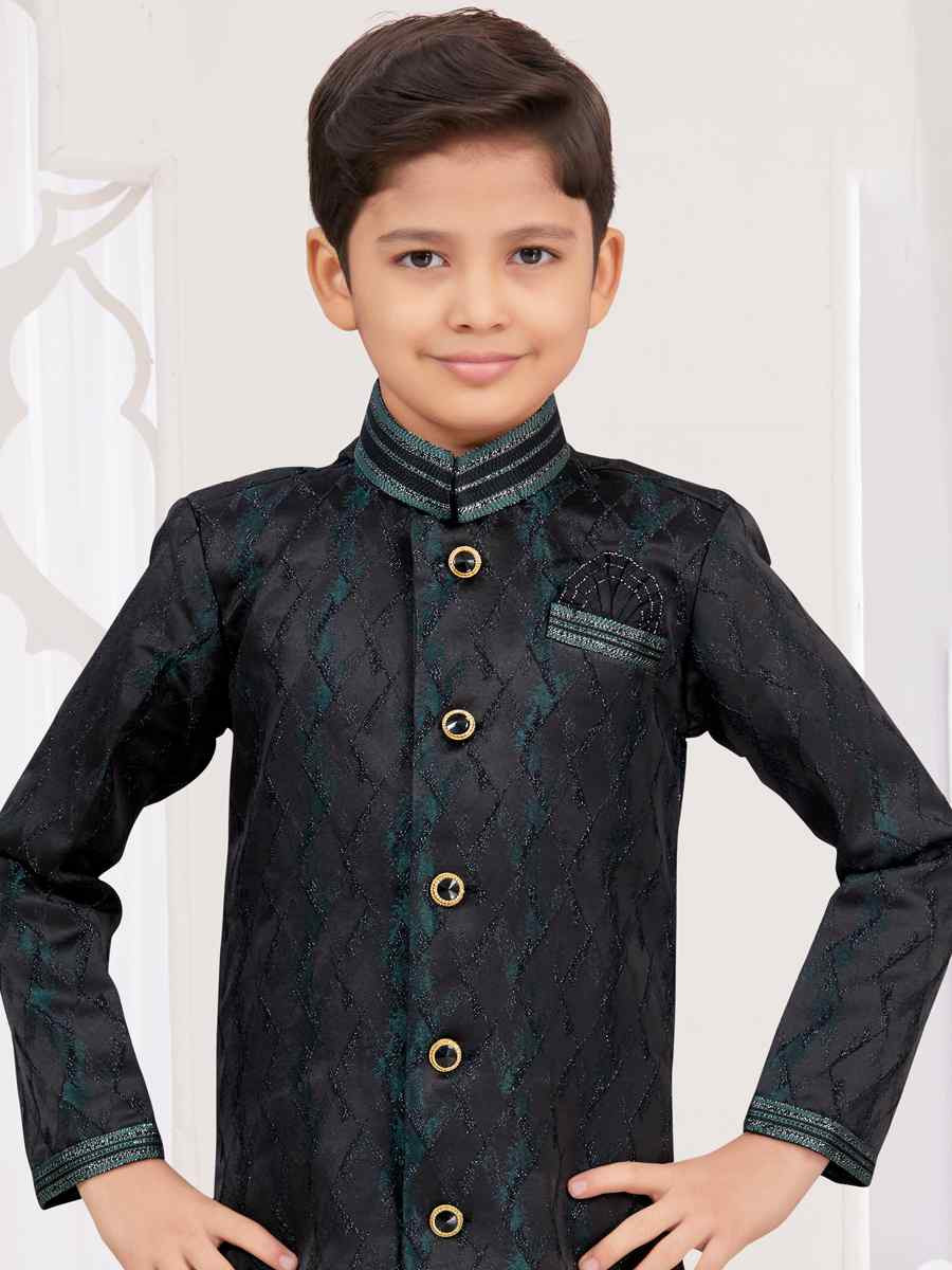 Black Siyara Jacquard Embroidered Festival Wedding Kurta Pyjama Boys Wear