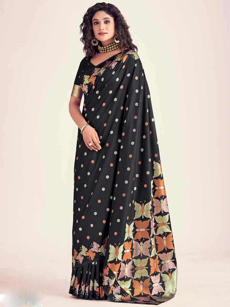 Black Soft Banarasi Silk Handwoven Wedding Festival Heavy Border Saree