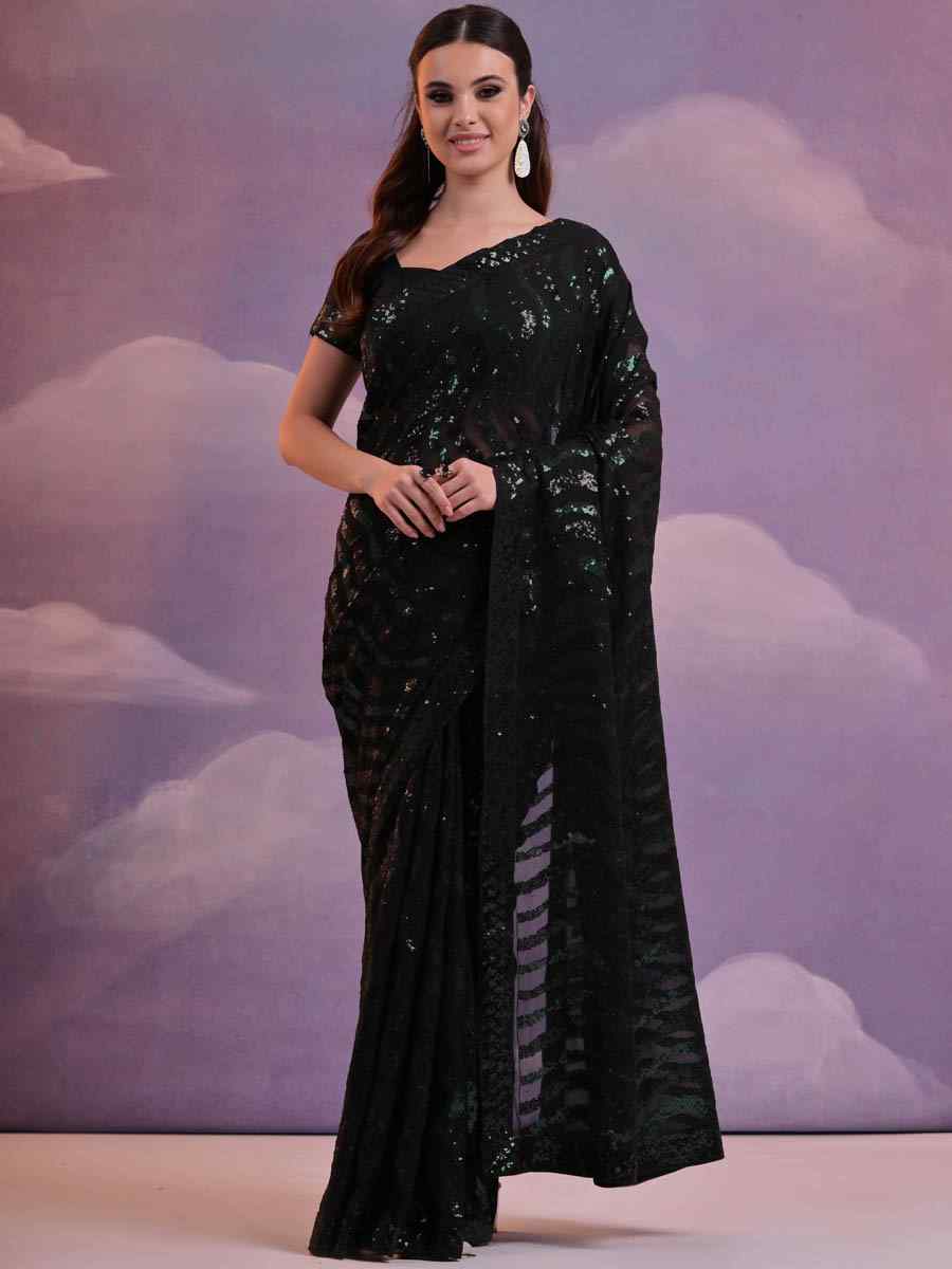 Black Soft Georgette Embroidered Festival Party Classic Style Saree