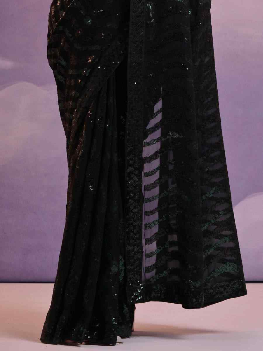 Black Soft Georgette Embroidered Festival Party Classic Style Saree