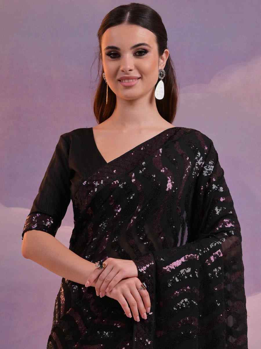 Black Soft Georgette Embroidered Festival Party Classic Style Saree