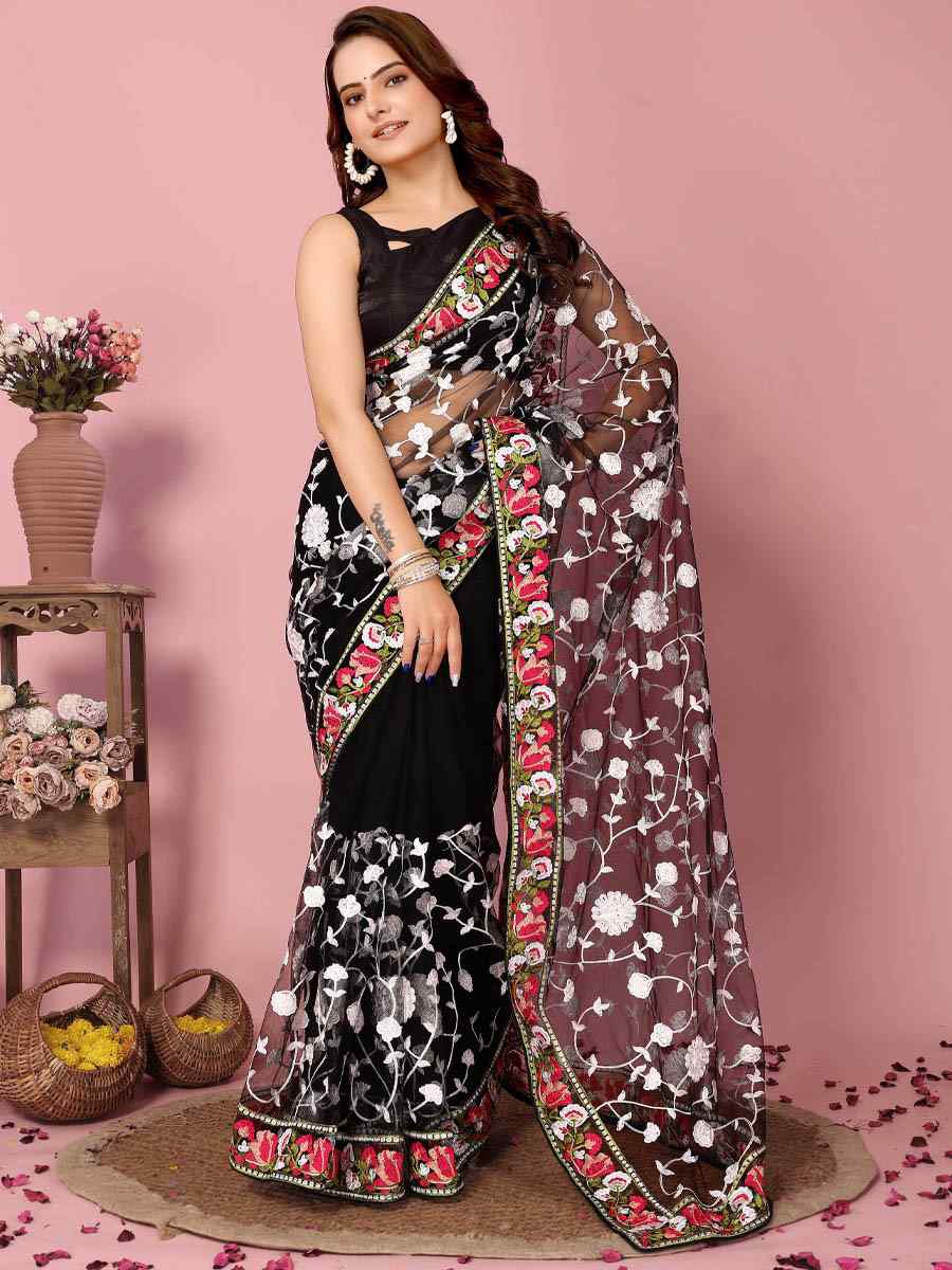 Black Soft Net Embroidered Wedding Festival Heavy Border Saree