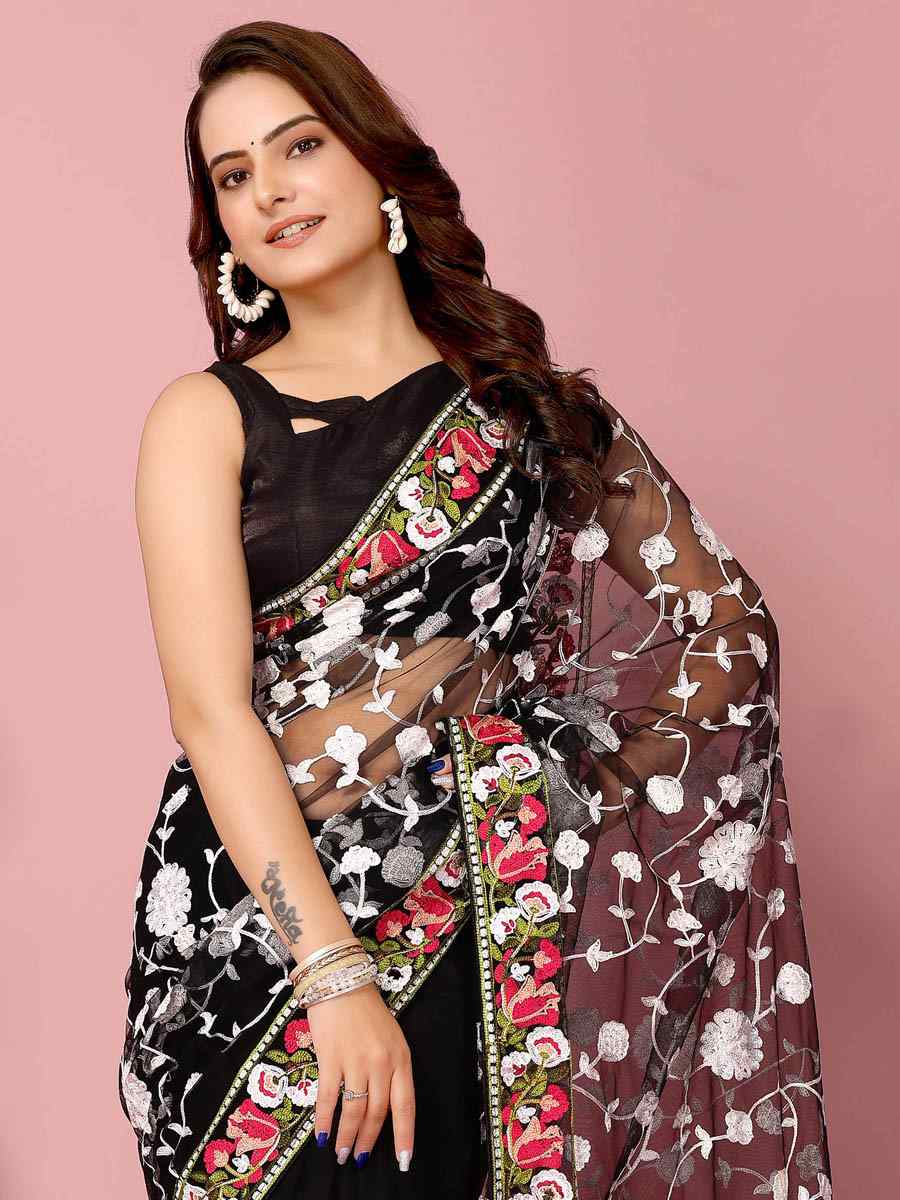 Black Soft Net Embroidered Wedding Festival Heavy Border Saree