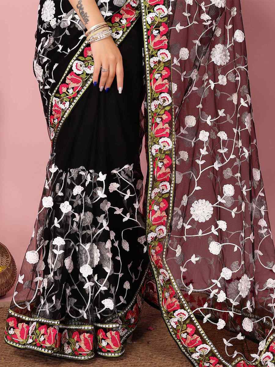 Black Soft Net Embroidered Wedding Festival Heavy Border Saree