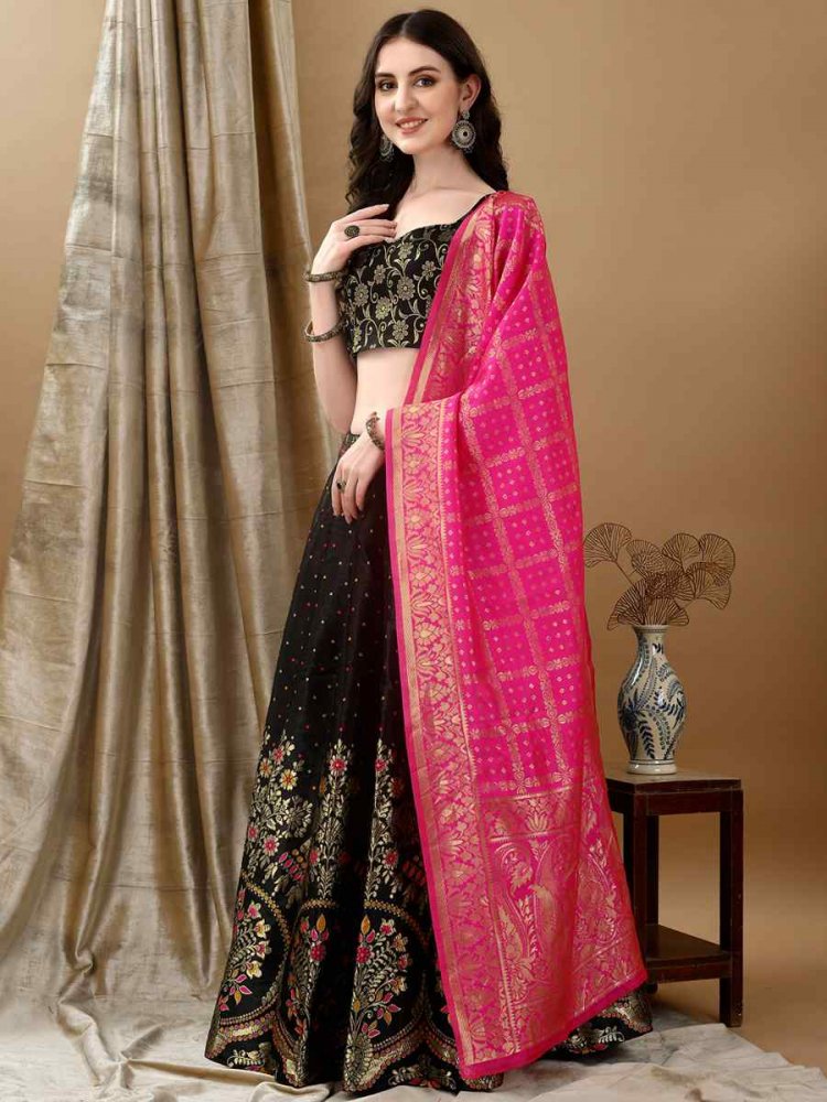 Black Soft Silk Jacquard Embroidery Bridesmaid Wedding Heavy Border Lehenga Choli