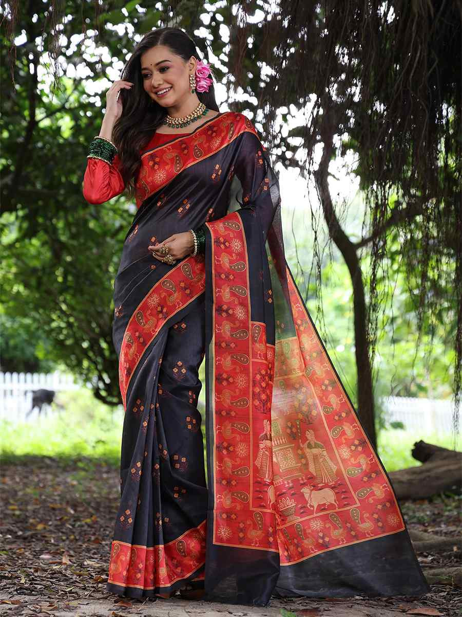 Black Soft Tussar Silk Handwoven Festival Wedding Heavy Border Saree