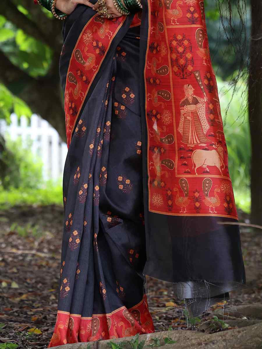 Black Soft Tussar Silk Handwoven Festival Wedding Heavy Border Saree