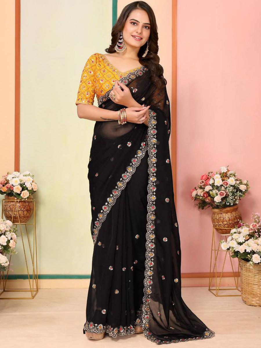 Black Taby Organza Silk Embroidered Festival Party Heavy Border Saree