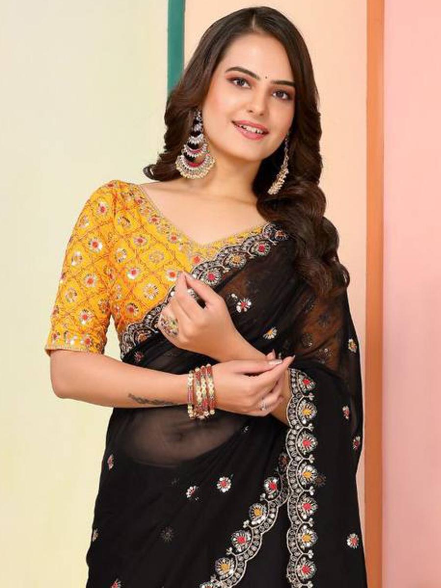 Black Taby Organza Silk Embroidered Festival Party Heavy Border Saree