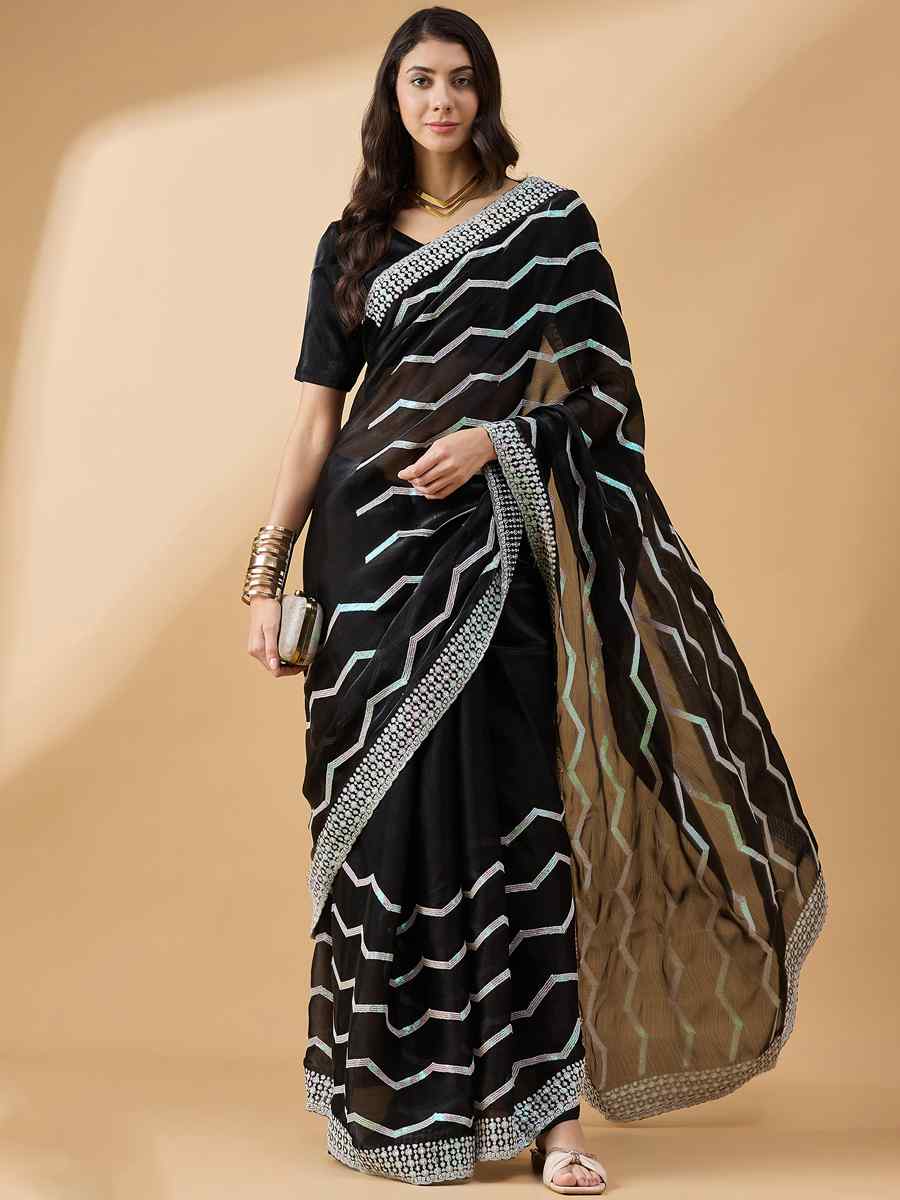 Black Tissue Slub Handwoven Wedding Festival Heavy Border Saree