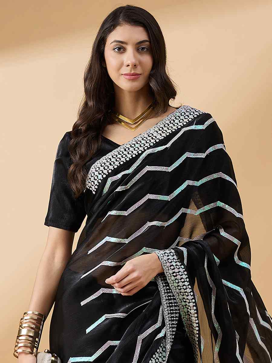 Black Tissue Slub Handwoven Wedding Festival Heavy Border Saree