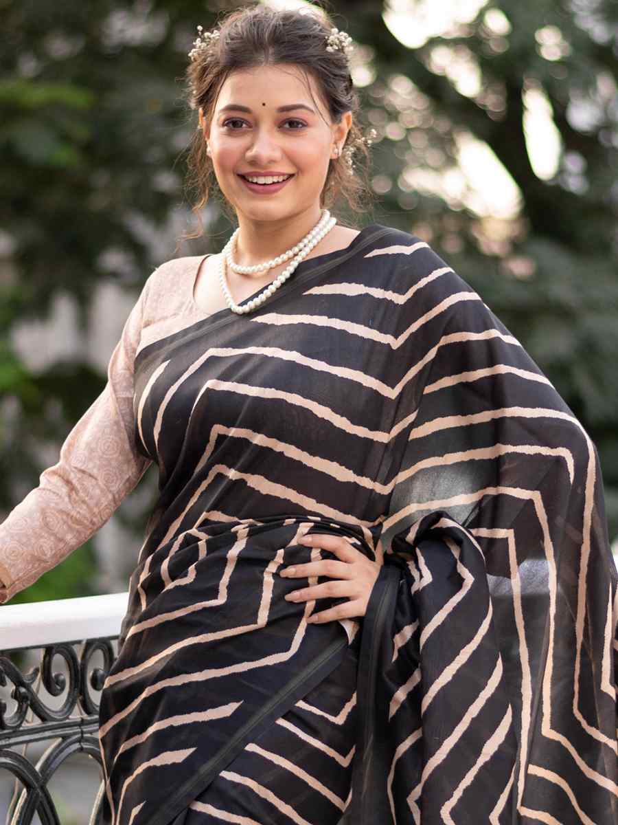 Black Tussar Silk Printed Casual Festival Contemporary Saree