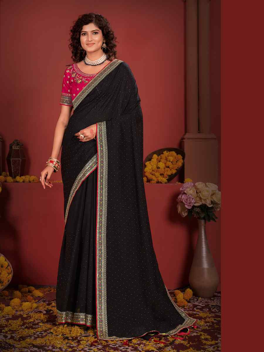 Black Vichitra Bluming Embroidered Bridesmaid Wedding Heavy Border Saree