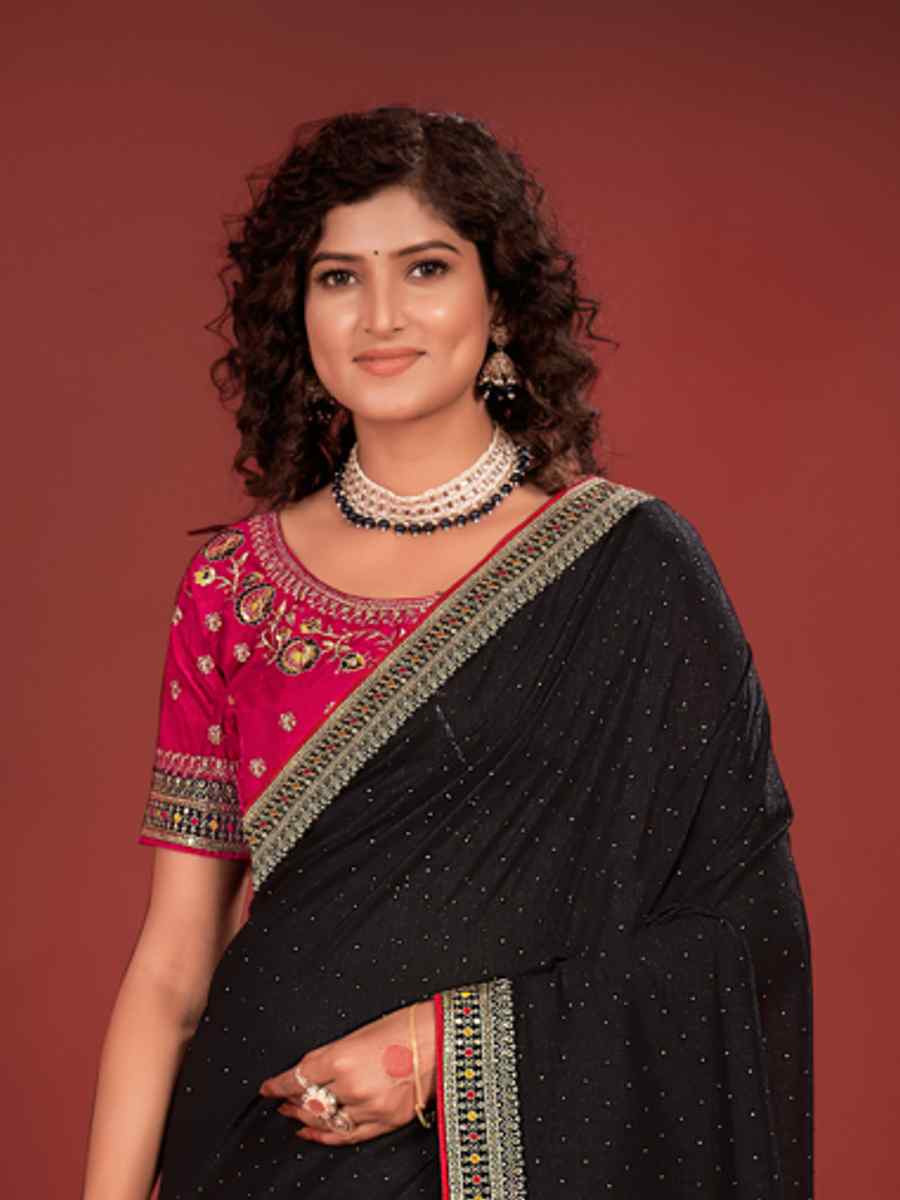 Black Vichitra Bluming Embroidered Bridesmaid Wedding Heavy Border Saree