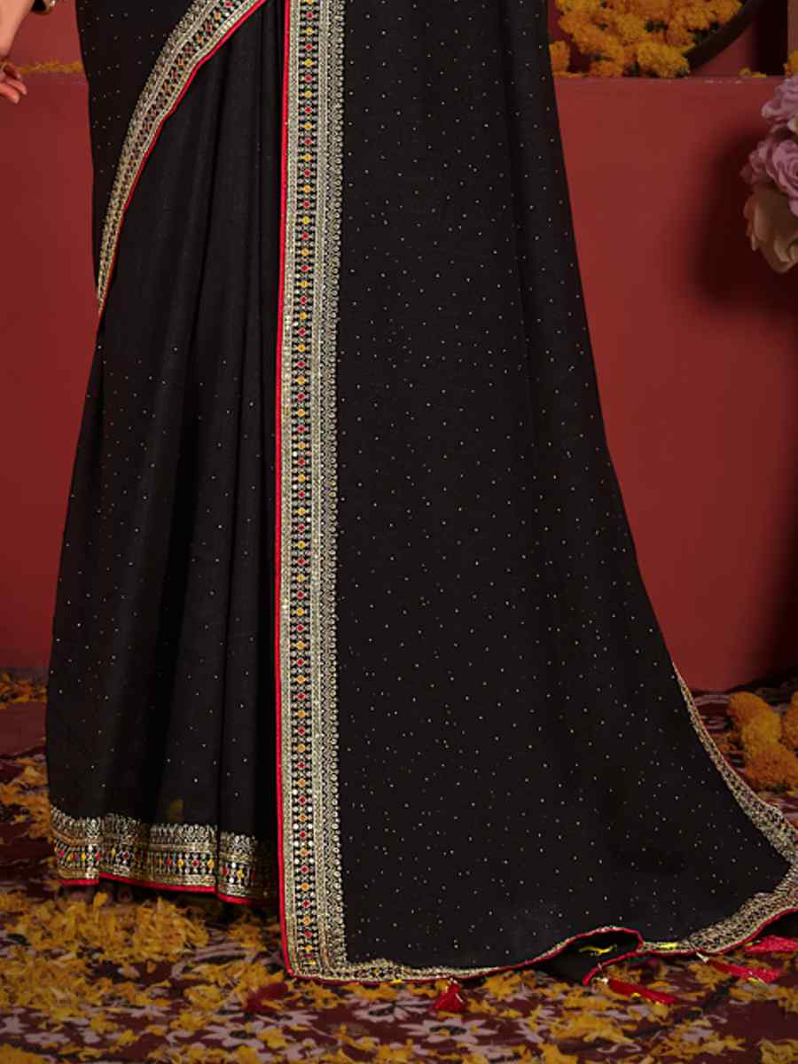 Black Vichitra Bluming Embroidered Bridesmaid Wedding Heavy Border Saree