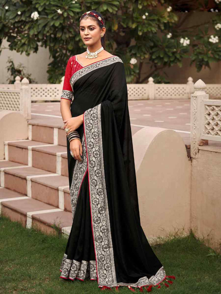 Black Vichitra Embroidered Festival Wedding Heavy Border Saree