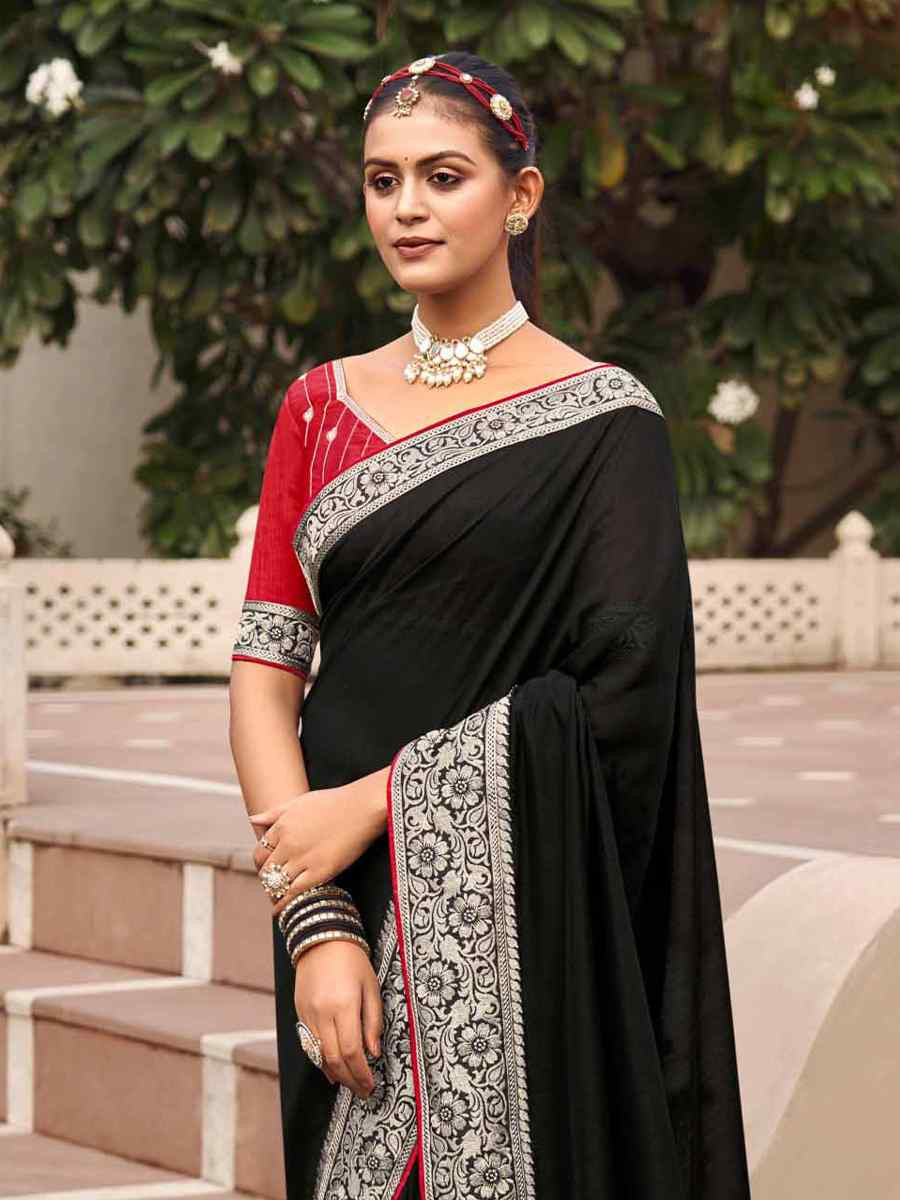 Black Vichitra Embroidered Festival Wedding Heavy Border Saree