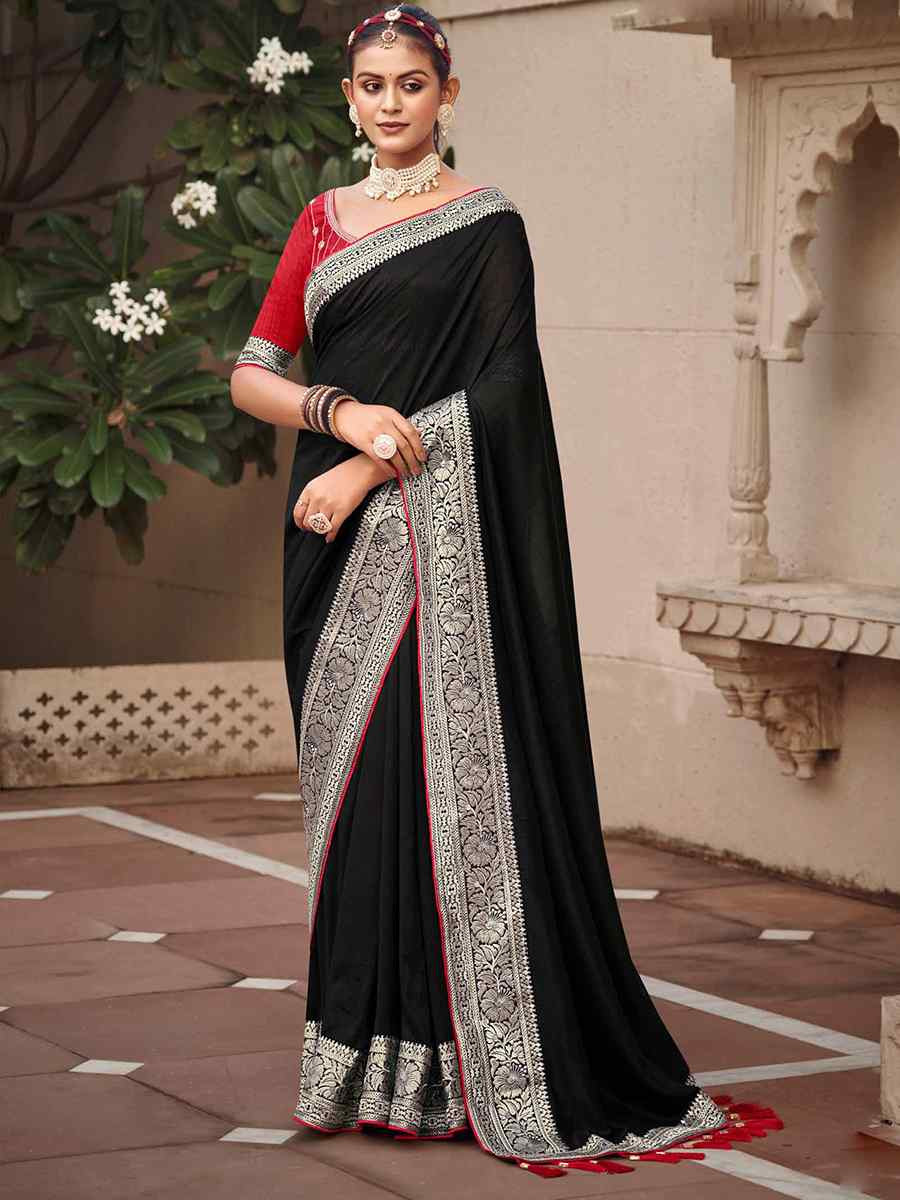 Black Vichitra Embroidered Festival Wedding Heavy Border Saree