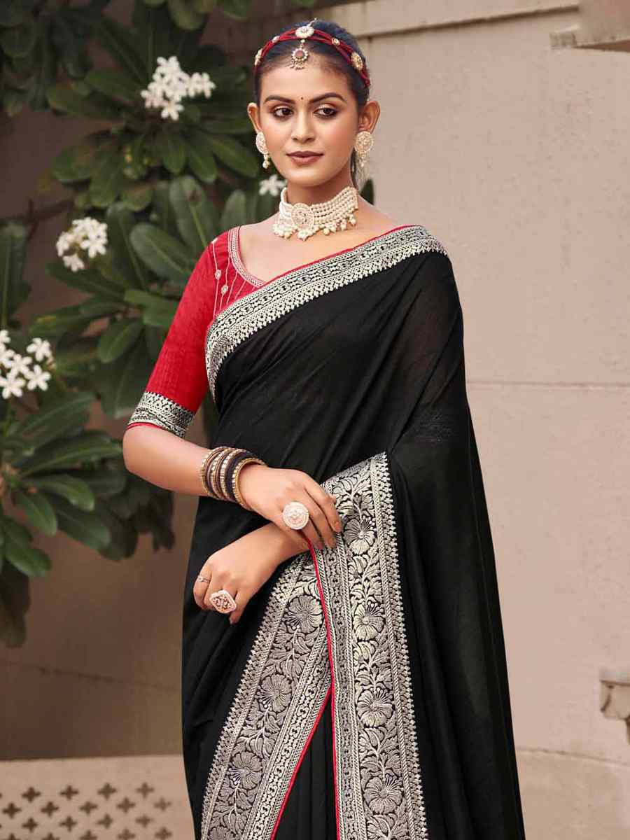 Black Vichitra Embroidered Festival Wedding Heavy Border Saree