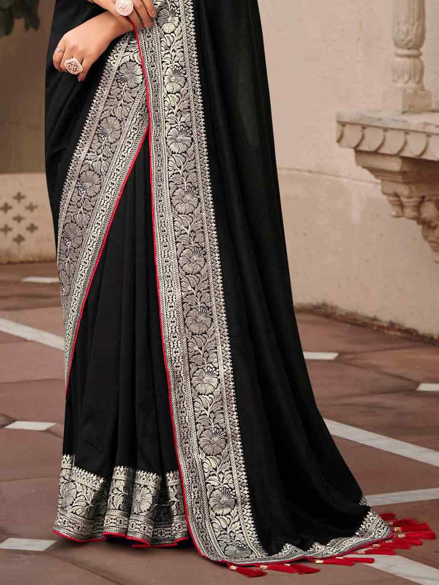 Black Vichitra Embroidered Festival Wedding Heavy Border Saree