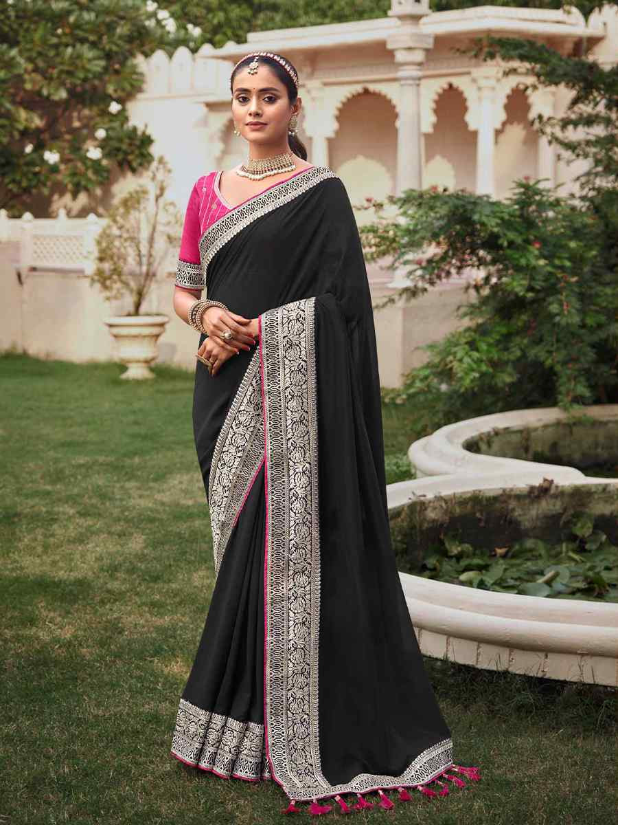 Black Vichitra Embroidered Festival Wedding Heavy Border Saree