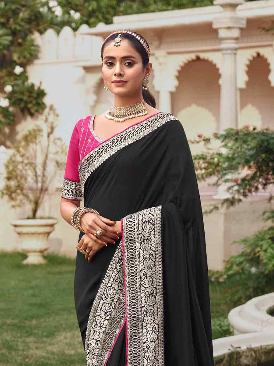 Black Vichitra Embroidered Festival Wedding Heavy Border Saree