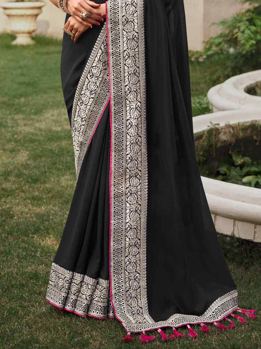 Black Vichitra Embroidered Festival Wedding Heavy Border Saree