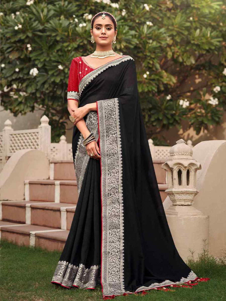 Black Vichitra Embroidered Festival Wedding Heavy Border Saree