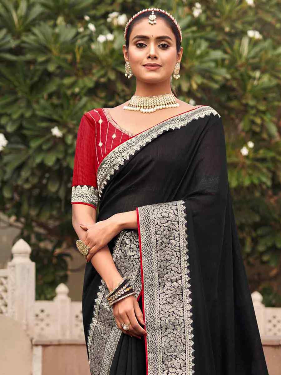 Black Vichitra Embroidered Festival Wedding Heavy Border Saree