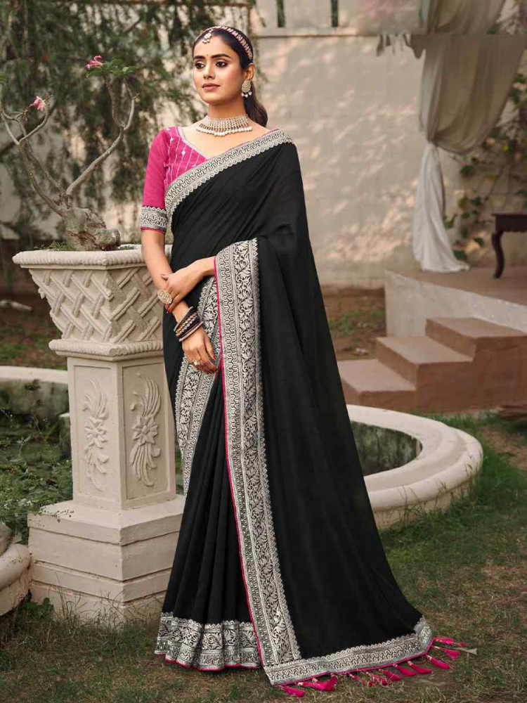 Black Vichitra Embroidered Festival Wedding Heavy Border Saree