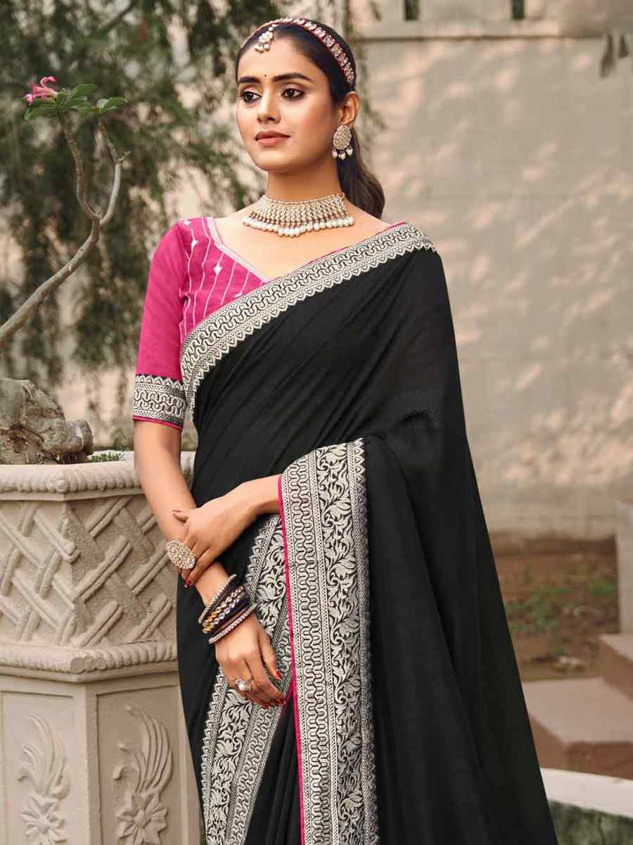 Black Vichitra Embroidered Festival Wedding Heavy Border Saree