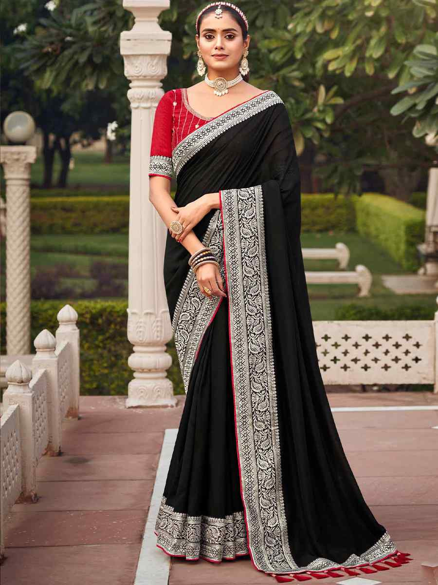 Black Vichitra Embroidered Festival Wedding Heavy Border Saree