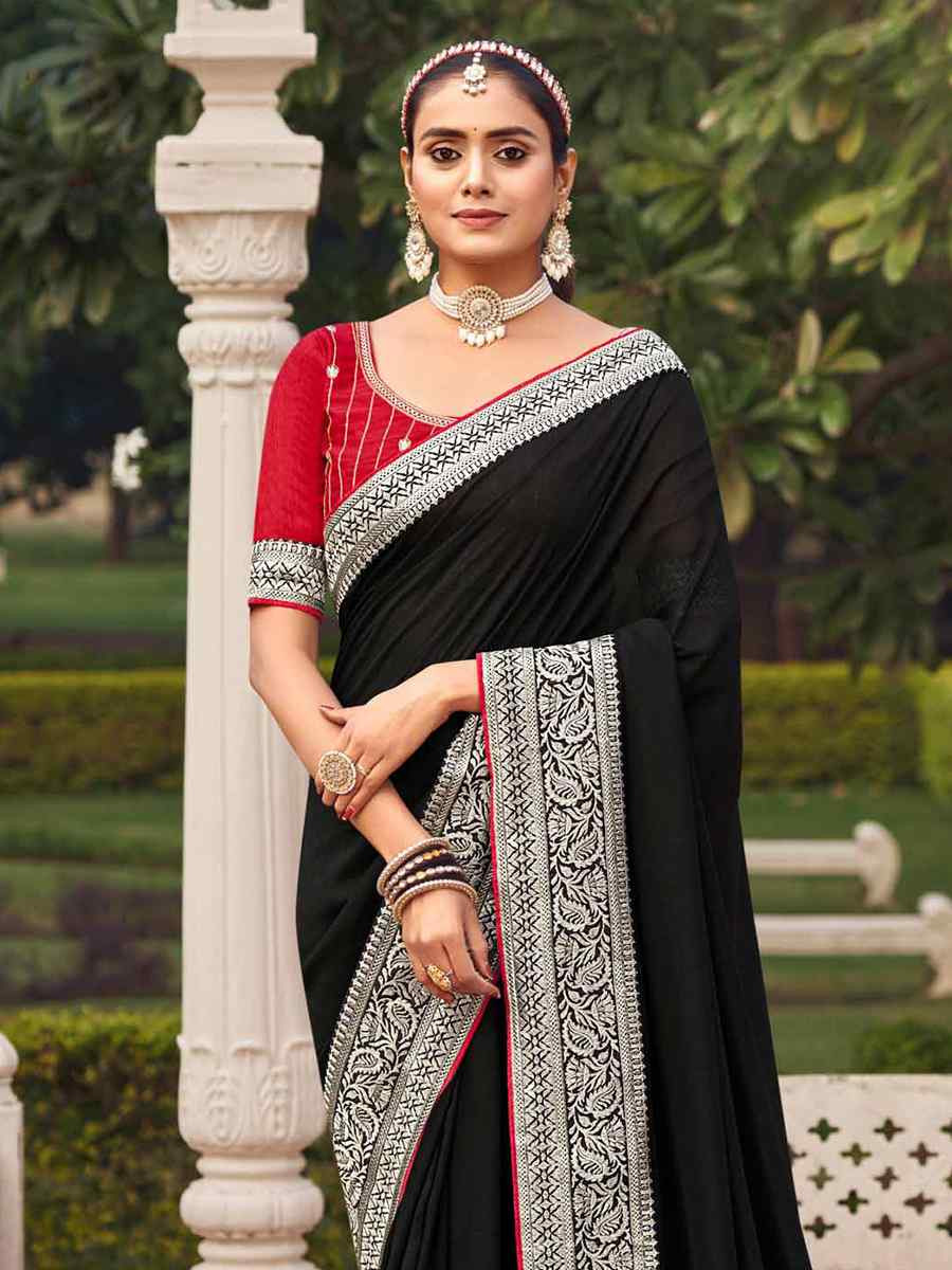 Black Vichitra Embroidered Festival Wedding Heavy Border Saree